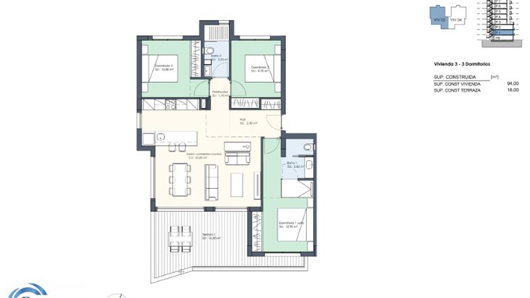 Rzut - Mieszkanie na sprzedaż 3 pokoje o powierzchni 94 m² - numer AP3 w Residencial Royal Park