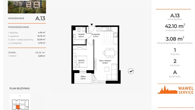Rzut - Mieszkanie na sprzedaż 2 pokoje o powierzchni 42,1 m² - numer A.13 w Nowa Namiarkowa