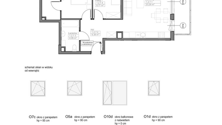 Rzut - Mieszkanie na sprzedaż 3 pokoje o powierzchni 61,88 m² - numer D.1.2.7 w Optima VII