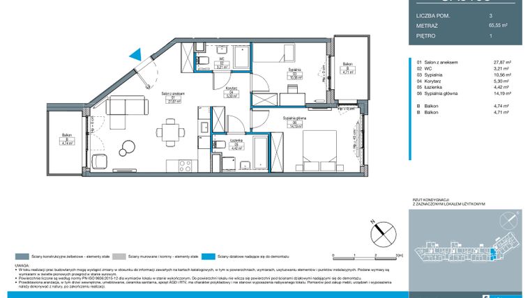 Rzut - Mieszkanie na sprzedaż 3 pokoje o powierzchni 65,55 m² - numer CA0108 w Talarowa Park