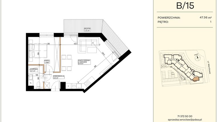 Rzut - Mieszkanie na sprzedaż 2 pokoje o powierzchni 47,36 m² - numer WA2/B/15 w Waniliowa