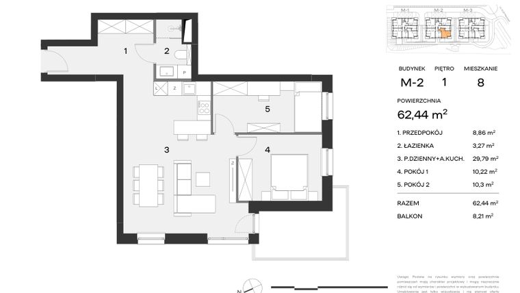 Rzut - Mieszkanie na sprzedaż 3 pokoje o powierzchni 62,44 m² - numer M2.8 w Nowy Standard