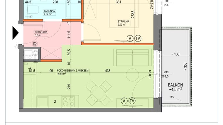 Rzut - Mieszkanie na sprzedaż 2 pokoje o powierzchni 33,74 m² - numer B1.2.18.2a w Junique I.II