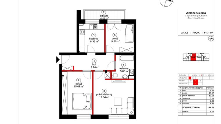 Rzut - Mieszkanie na sprzedaż 3 pokoje o powierzchni 63,59 m² - numer 3 w Czynu Społecznego 65E