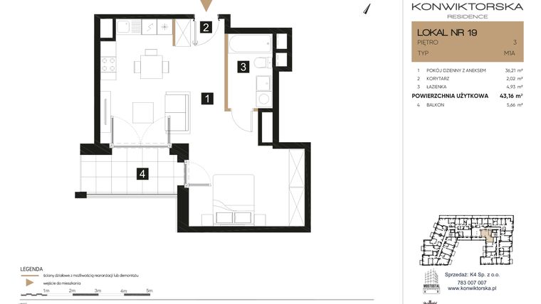 Rzut - Mieszkanie na sprzedaż 1 pokój o powierzchni 43,09 m² - numer 19 w Konwiktorska Residence