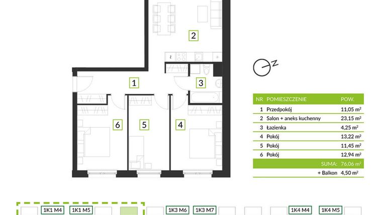 Rzut - Mieszkanie na sprzedaż 4 pokoje o powierzchni 76,06 m² - numer 1K1 M6 w Osiedle Krzeptów przy lesie