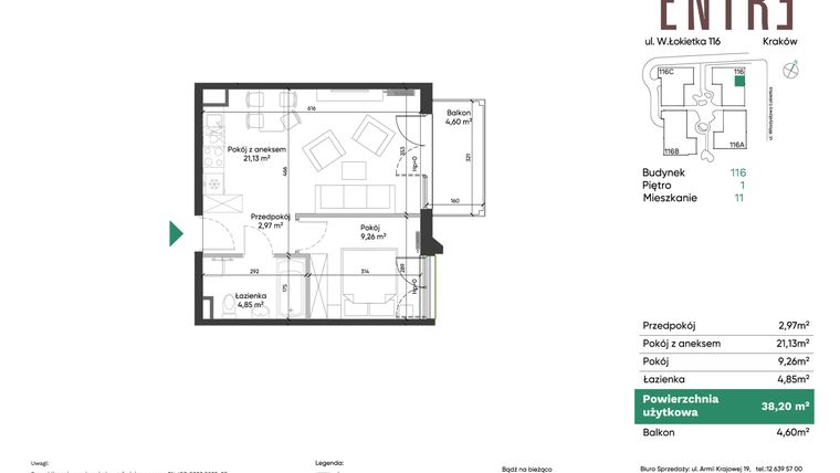Rzut - Mieszkanie na sprzedaż 2 pokoje o powierzchni 38,2 m² - numer 116-M11 w Entre