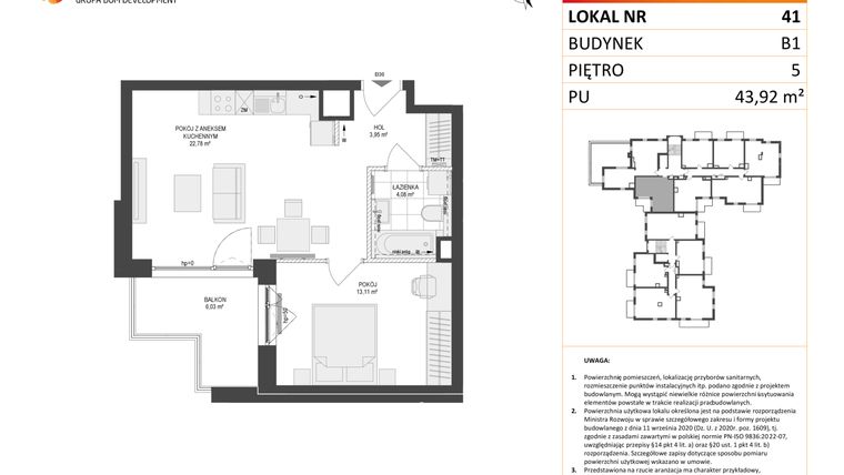 Rzut - Mieszkanie na sprzedaż 2 pokoje o powierzchni 43,92 m² - numer 41 w Locus 2