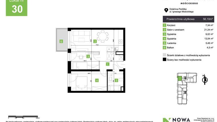 Rzut - Mieszkanie na sprzedaż 3 pokoje o powierzchni 56,1 m² - numer M30 w Nowa Częstochowa Mościckiego