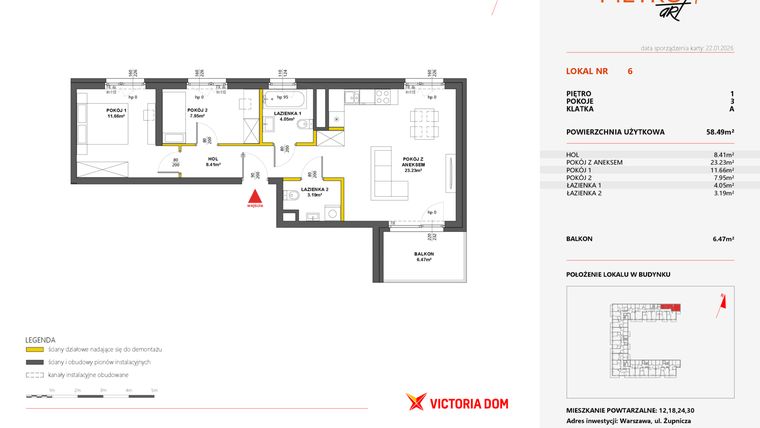 Rzut - Mieszkanie na sprzedaż 3 pokoje o powierzchni 60,23 m² - numer 6 w Metro Art 9