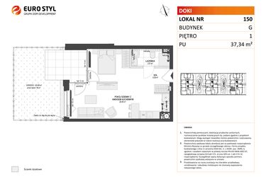 Rzut - Mieszkanie na sprzedaż 1 pokój o powierzchni 37,34 m² - numer G.150 w DOKI etap II (bud. G)