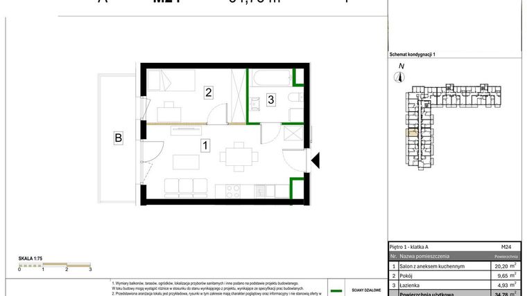 Rzut - Mieszkanie na sprzedaż 2 pokoje o powierzchni 34,78 m² - numer M24 w Zagórskie Tarasy