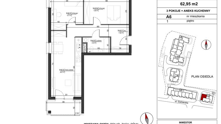 Rzut - Mieszkanie na sprzedaż 3 pokoje o powierzchni 62,95 m² - numer A.6 w Garbarska Urban Koncept