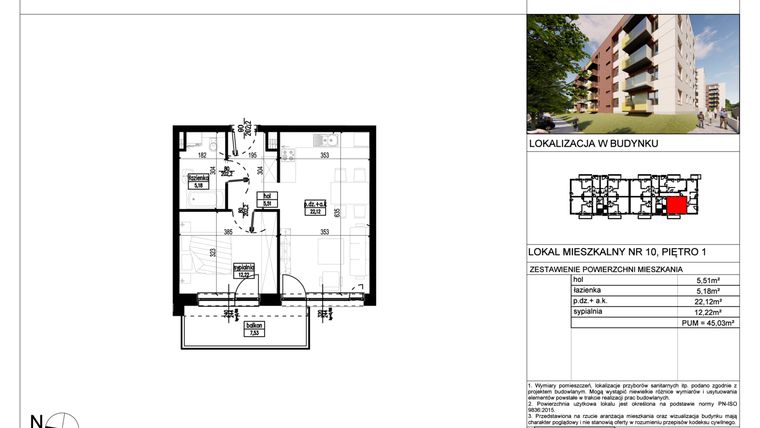 Rzut - Mieszkanie na sprzedaż 2 pokoje o powierzchni 45,03 m² - numer A.10 w Wólczańska 248 - etap II