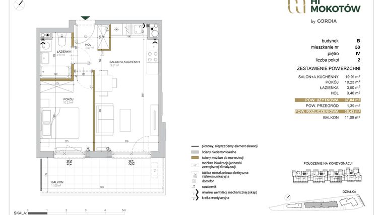 Rzut - Mieszkanie na sprzedaż 2 pokoje o powierzchni 37,04 m² - numer A1.B.50 w Hi Mokotów