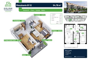 Rzut - Mieszkanie na sprzedaż 3 pokoje o powierzchni 54,76 m² - numer B1.12 w Zielone Tarasy