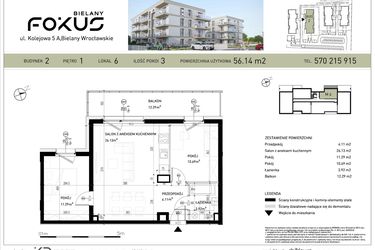 Rzut - Mieszkanie na sprzedaż 3 pokoje o powierzchni 56,14 m² - numer B2-6 w Fokus Bielany