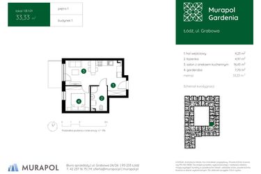 Rzut - Mieszkanie na sprzedaż 1 pokój o powierzchni 33,33 m² - numer 1.B.1.01 w Murapol Gardenia