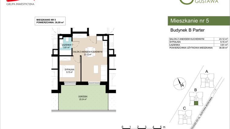 Rzut - Mieszkanie na sprzedaż 2 pokoje o powierzchni 36,09 m² - numer B5 w Wzgórze Gustawa