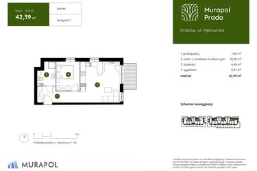 Rzut - Mieszkanie na sprzedaż 2 pokoje o powierzchni 42,39 m² - numer 1.E.0.01 w Murapol Prado