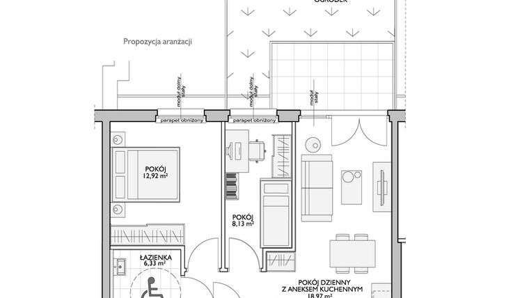 Rzut - Mieszkanie na sprzedaż 2 pokoje o powierzchni 38,7 m² - numer WO/P31/7 w Wiszące Ogrody