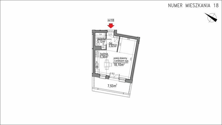 Rzut - Mieszkanie na sprzedaż 1 pokój o powierzchni 30,5 m² - numer 3m.18 w Osiedle Rytm etap 2
