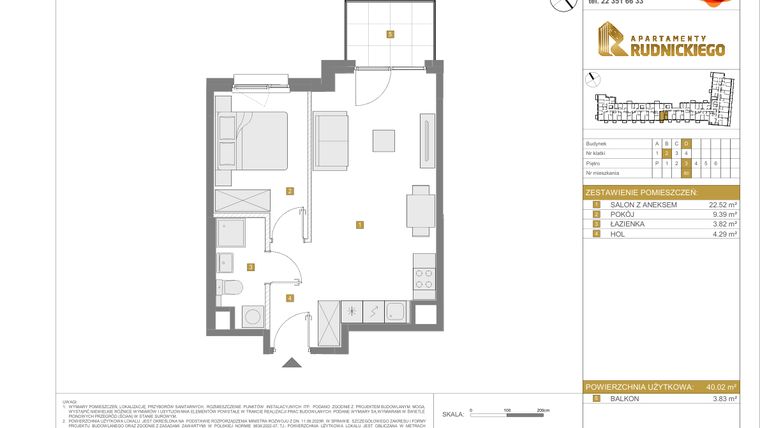 Rzut - Mieszkanie na sprzedaż 2 pokoje o powierzchni 40,02 m² - numer D.80 w Apartamenty Rudnickiego