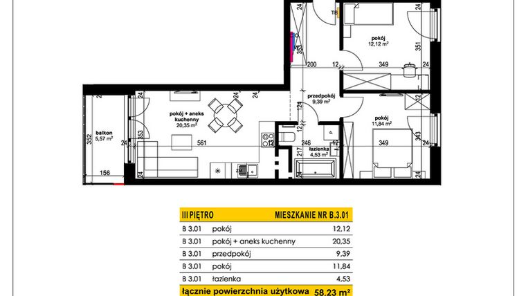Rzut - Mieszkanie na sprzedaż 3 pokoje o powierzchni 58,23 m² - numer B 3.01 w Park Moniuszki II C