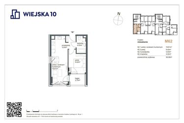 Rzut - Mieszkanie na sprzedaż 2 pokoje o powierzchni 36,08 m² - numer 62 w Wiejska 10