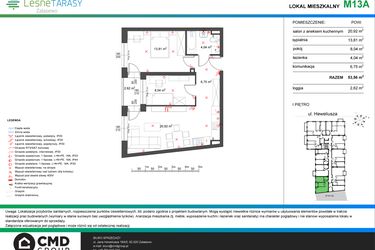 Rzut - Mieszkanie na sprzedaż 3 pokoje o powierzchni 53,56 m² - numer M13A w Leśne Tarasy etap IIIA