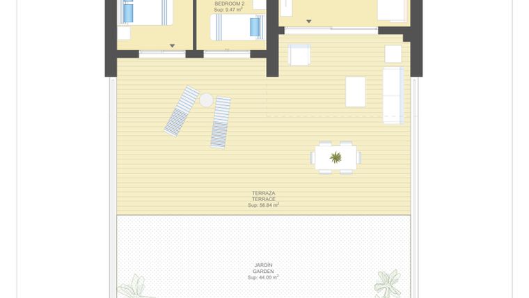 Rzut - Mieszkanie na sprzedaż 2 pokoje o powierzchni 97 m² - numer 10.0.B w Sea Gardens - Campoamor