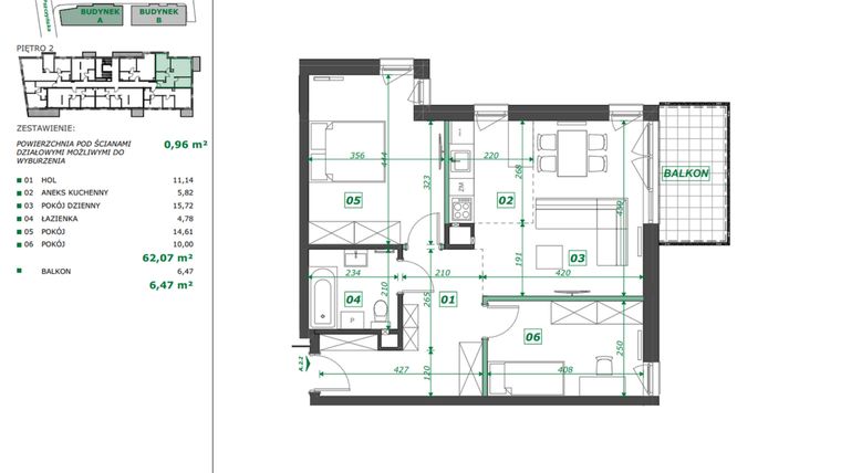 Rzut - Mieszkanie na sprzedaż 3 pokoje o powierzchni 63,03 m² - numer A.2.2 w Apartamenty Pszczyńska