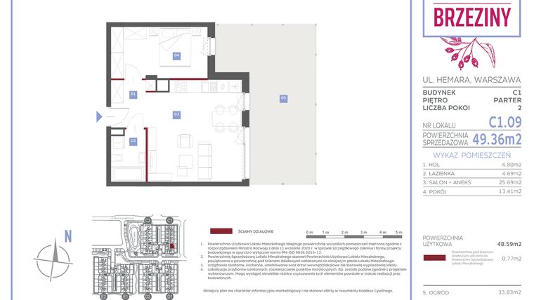 Rzut - Mieszkanie na sprzedaż 2 pokoje o powierzchni 49,36 m² - numer C1.09 w Miasteczko Brzeziny II