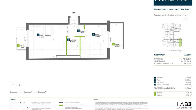 Rzut - Mieszkanie na sprzedaż 2 pokoje o powierzchni 51,76 m² - numer AA0311 w Vilda Arte