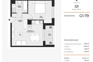 Rzut - Mieszkanie na sprzedaż 2 pokoje o powierzchni 39,57 m² - numer G1-79 w Piasta Park VI