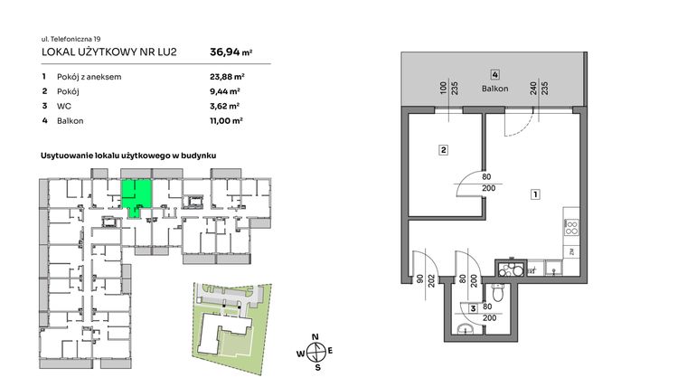 Rzut - Mieszkanie na sprzedaż 2 pokoje o powierzchni 36,94 m² - numer L.U. 2 w Nova Radiostacja - apartamenty inwestycyjne