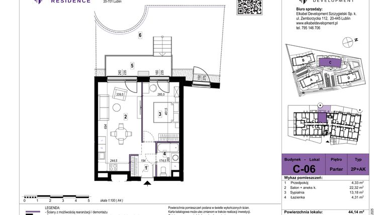 Rzut - Mieszkanie na sprzedaż 2 pokoje o powierzchni 44,14 m² - numer C-06 w Szerokie Residence