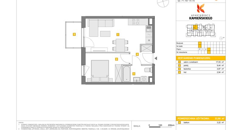 Rzut - Mieszkanie na sprzedaż 2 pokoje o powierzchni 33,8 m² - numer A35 w Apartamenty Kamieńskiego