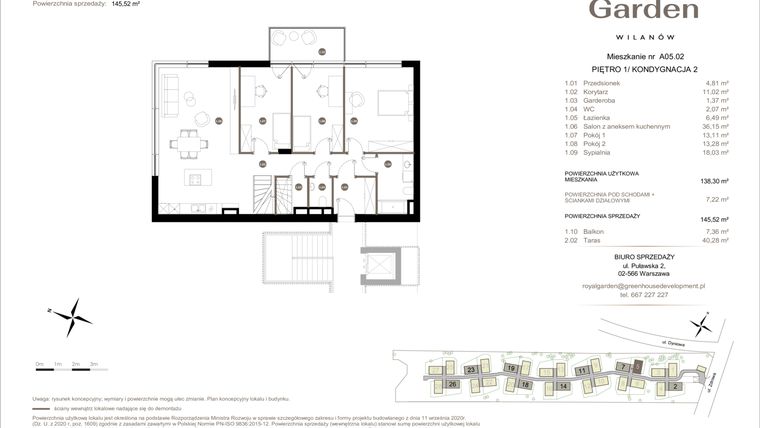 Rzut - Mieszkanie na sprzedaż 5 pokoi o powierzchni 138,3 m² - numer A05.02 w Royal Garden Wilanów Apartamenty