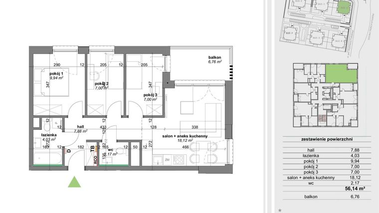 Rzut - Mieszkanie na sprzedaż 4 pokoje o powierzchni 55,32 m² - numer A.5.4 w Park Przy Stawach