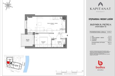 Rzut - Mieszkanie na sprzedaż 2 pokoje o powierzchni 39,56 m² - numer 45.B w Kapitanat Apartamenty