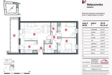 Rzut - Mieszkanie na sprzedaż 3 pokoje o powierzchni 62,1 m² - numer M-152 w Nałęczowska etap II