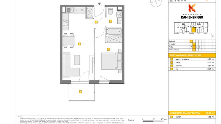 Rzut - Mieszkanie na sprzedaż 2 pokoje o powierzchni 38,09 m² - numer B22 w Apartamenty Kamieńskiego