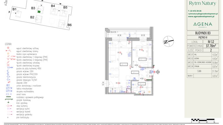 Rzut - Mieszkanie na sprzedaż 2 pokoje o powierzchni 37,78 m² - numer B3M12 w Rytm Natury