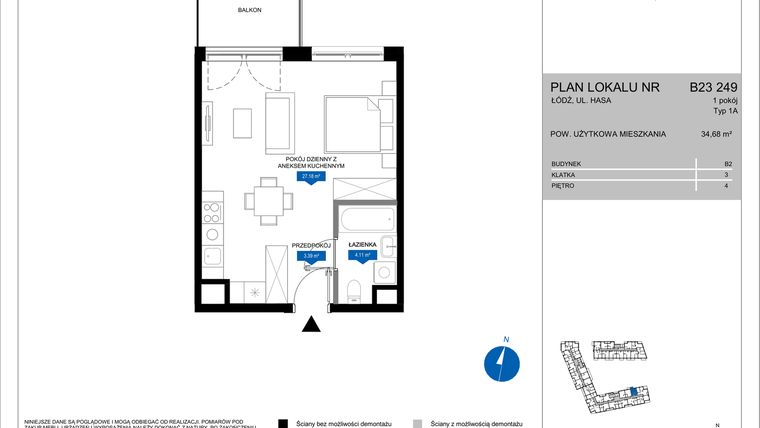 Rzut - Mieszkanie na sprzedaż 1 pokój o powierzchni 34,68 m² - numer B23 249 w Flow - bud. B2 A i bud. B2 B