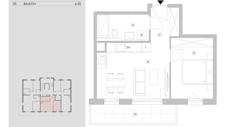 Rzut - Mieszkanie na sprzedaż 2 pokoje o powierzchni 37,18 m² - numer 90.2.07 w ATAL Bronowice