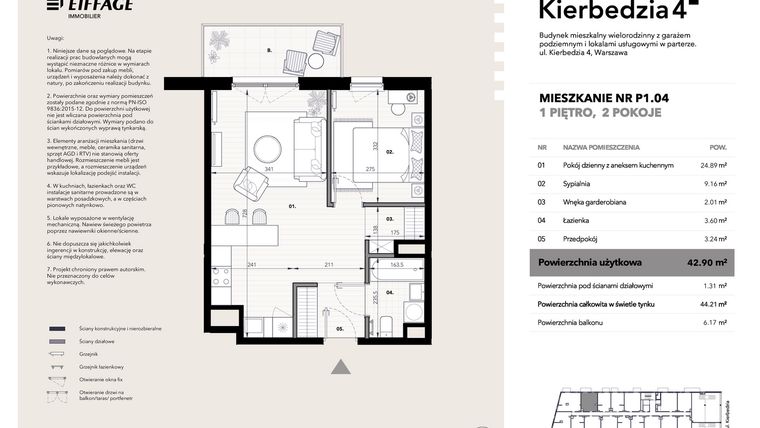 Rzut - Mieszkanie na sprzedaż 2 pokoje o powierzchni 42,9 m² - numer P1.04 w Kierbedzia 4