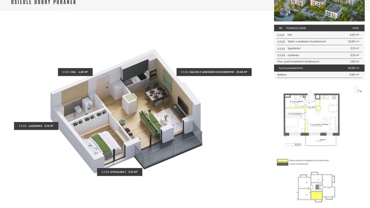 Rzut - Mieszkanie na sprzedaż 2 pokoje o powierzchni 45,86 m² - numer E.2.11 w Dobry Poranek