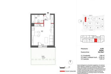 Rzut - Mieszkanie na sprzedaż 1 pokój o powierzchni 29,75 m² - numer 1/3 w Słoneczny Zakątek