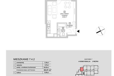 Rzut - Mieszkanie na sprzedaż 1 pokój o powierzchni 32,21 m² - numer 7.4.2 w Osiedle Przyjemne IV